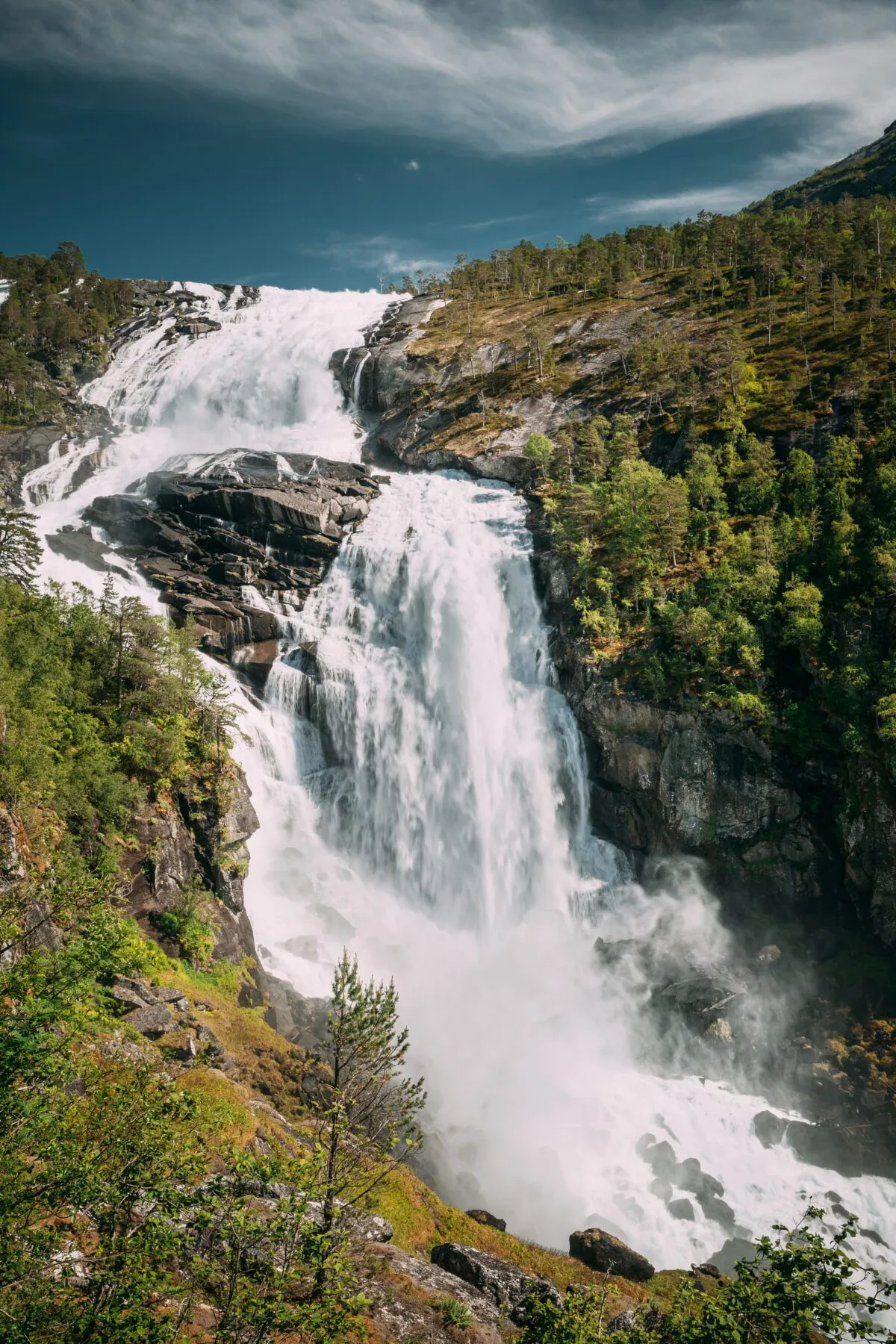 The Norway Trail Waterfall Nyastolfossen In Hardangervidda Mountain Plateau.