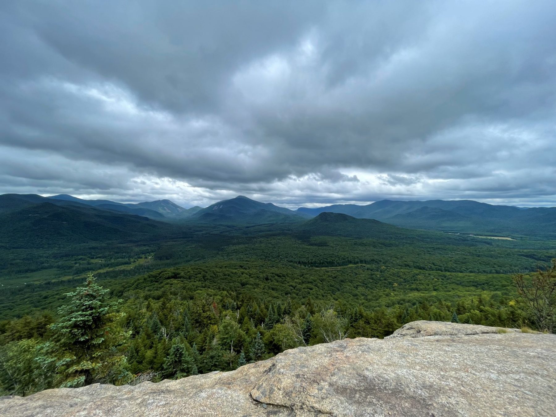 Groen en leegte, met daarachter de bergtoppen. Mount van Hoevenberg, Lake Placid, New York